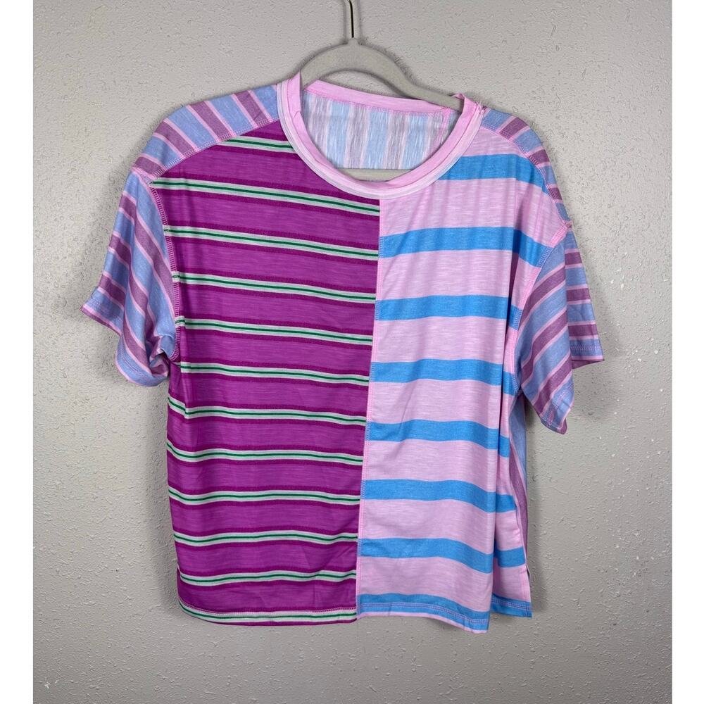 NWOT Pink Multi-Striped Boxy Style Tee Womens Size Large